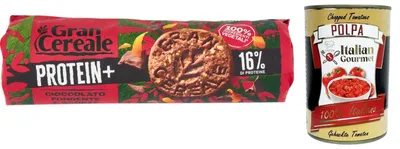 Produktbild von GranCereale PROTEIN+ Kekse 24x230g – 16% Protein, vegan, knusprig mit dunkler Schokolade, ohne Palmöl, recyclebare Verpackung – Vorratspack + Italian Gourmet polpa