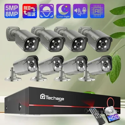 Zdjęcie produktu dla Zestaw kamer monitoringu, 8-kanałowy, PoE, rozdzielczość 4K HD, z dwukierunkowym audio i funkcją detekcji twarzy