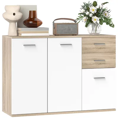 Produktbild von ZMH Wohnzimmerbuffet Aufbewahrungsmöbel Mit 2 Schubladen 3 Türen und verstellbarem Einlegeboden 106 x 35 x 76 cm weiß und naturfarben