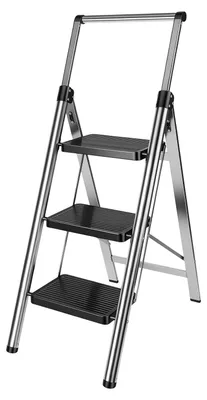 Image de Échelle escabeau à 3 marches - Tabouret d'accès pliable - Capacité de charge : 150 kg - Acier inoxydable - Marches antidérapantes - Portable - Argenté