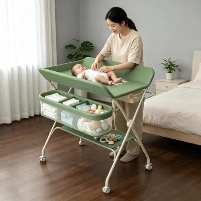 Produktbild von Baby Klappbar Wickelkommode, Mobiler Wickeltisch,Wickelstation höhenverstellbar mit Mülleimer & Aufbewahrungskorb,Tragbare Wickelauflage Bis 15Kg Grün