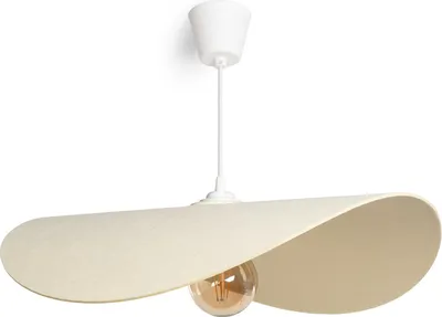 A pendant light with a wide, flat shade resembling a hat, made of beige felt.
