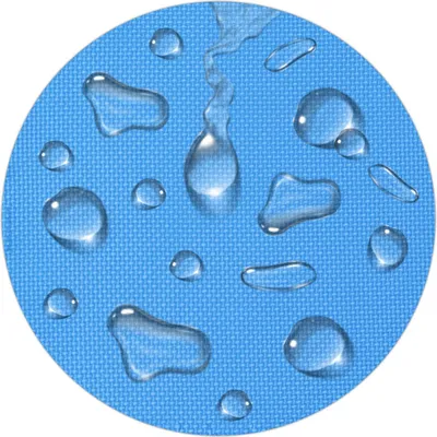 Water droplets on a blue textured surface.