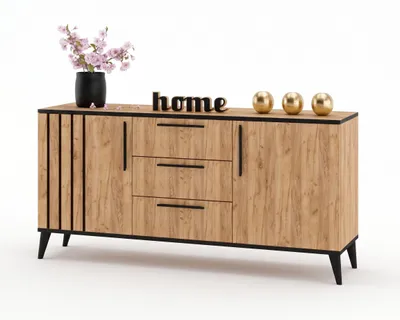 Produktbild von Große Kommode mit Schubladen Fernsehschrank HANA 3S Golden Craft Eiche mit Schwarzem Rand/Golden Craft Eiche 150cm, KI-generiertes Bild