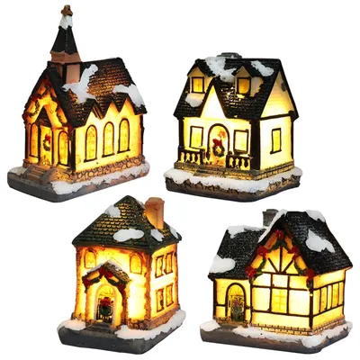 Weihnachtsdorf-Set, 4 leuchtende Häuser, 4 x 6,5 x 9 cm, LED