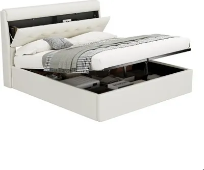 Produktbild von Polsterbett 160x200cm Ohne Matratze Weiss PolyurethanHydraulisches Bett Verdeckte Kopfteilablage Bettkastenablage