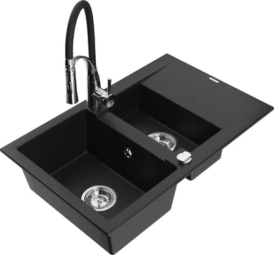 Produktbild von Mexen Gaspar 1,5-Becken-Granitspüle mit Abtropffläche und Mischbatterie Aster, Schwarz - 6507-77-73450-07