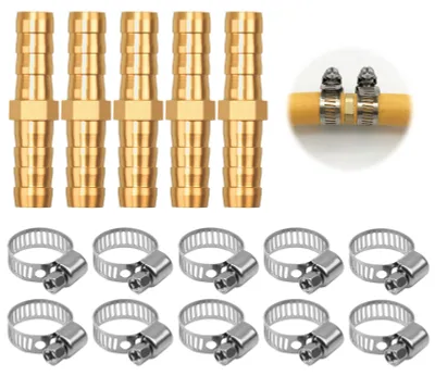 Produktbild von 5 Stück Messing-Schlauchverbinder, 8 mm, mit 10 Befestigungsklemmen