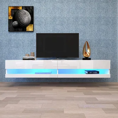Zdjęcie produktu dla Szafka pod telewizor LED Sweiko, niska szafka pod telewizor w kolorze białym z oświetleniem LED, wysokiej jakości szafka pod telewizor z dużą ilością miejsca do przechowywania w salonie 140x40x30,5 cm, biała