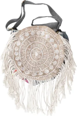Produktbild von Boho Schultertasche, Hippie Tasche, Upcycling - Modell 2, Uni - Erwachsene, Creme-weiß, Baumwolle, 33*33*30 cm, Alternative Umhängetasche, Handtasche aus Stoff