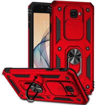 Immagine prodotto di Custodia per Samsung Galaxy J7 Prime a doppio strato con copertura scorrevole della fotocamera e supporto ad anello rosso