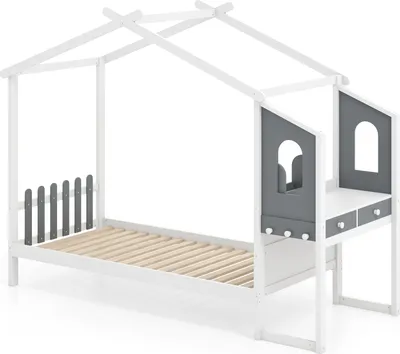 Produktbild von GOPLUS Hausbett 90 x 200 cm, Kinderbett mit Schreibtisch, Schubladen, Jugendbett mit Lattenrost, Kleinkinderbett Holzbett Ohne Matratze