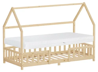 Produktbild von ML-Design Kinderbett 90x200cm mit Matratze H:16 Rausfallschutz Dach & Lattenrost Natur Montessori Bodenbett Kiefernholz Hausbett für Mädchen & Jungen
