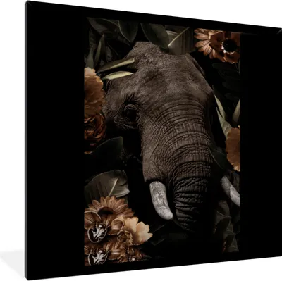 Produktbild von MuchoWow® MuchoWow® Gerahmtes Poster Elefant - Tiere - Blumen - Blätter 40x40 cm - Poster mit zchwarzem Bilderrahmen - Mit Rahmen - Wanddekoration Schlafzimmer