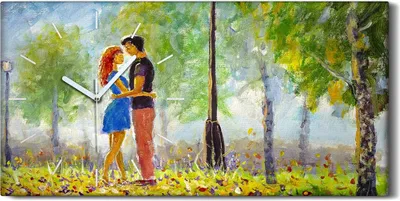 Produktbild von Dekor Leinwand Uhr Wandbilder Geräuschlos 60x30 Gemälde Park Bäume Blumen paar - weiße Hände