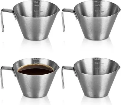 Zdjęcie produktu dla Kubki do espresso ze stali nierdzewnej o pojemności 100 ml z uchwytem, zestaw 4 sztuk
