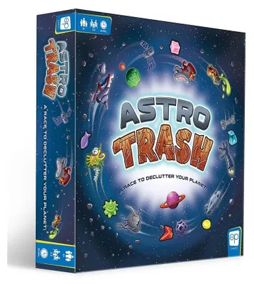 Productafbeelding van Trash Family: Een snel en leuk gezelschapsspel waarbij je met dobbelstenen probeert als eerste al het kosmische afval van je planeten te verwijderen. Win het spel!