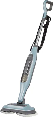 A blue and gray steam mop is shown against a white background.