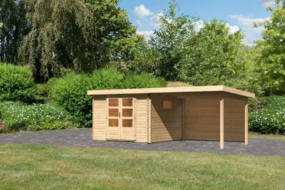 Produktbild von Gartenhaus Blockbohlenhaus Gerätehaus Trittau 3 im Set mit Anbaudach 3,3 m+ Rückwand naturbelassen 580,5x297x217 cm
