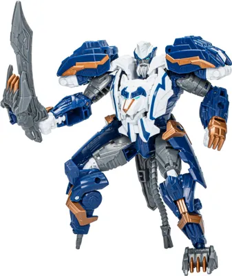 A toy robot in a dynamic pose, holding a sword.