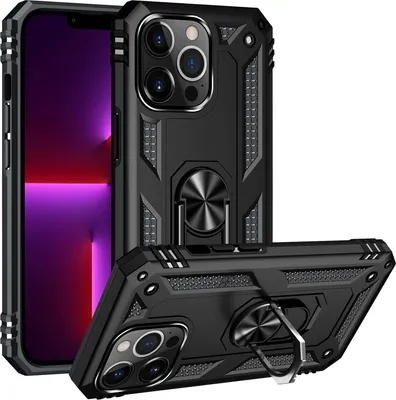 Produktbild von Schutzhülle für iPhone 13 Pro Max, Dual Layer Militäre Fallschutz Hülle mit Ringhalterung Ständer für iPhone 13 Pro Max Schwarz