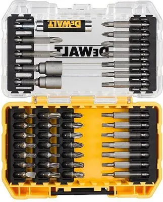A set of Dewalt screwdriver bits in a clear and yellow plastic case.