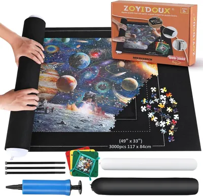 Produktbild von Puzzlematte für bis zu 3000 Teile – Puzzle Rollmatte 150 × 100 cm mit aufblasbarem Rollschlauch, Handpumpe, 4 Puzzlesortierern, Aufbewahrungstasche & Klettbändern – Puzzle Zubehör