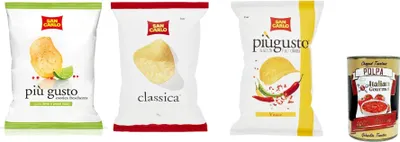 Produktbild von San Carlo Best set Classica più gusto Limette & rosa und Vicace Chips Kartoffelchips gesalzen 3x 50g + Italian Gourmet polpa 400g