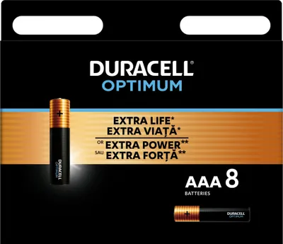 A product package for Duracell Optimum AAA batteries.