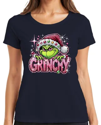Produktbild von Grinchy Weihnachten Strass Glitzer Rosa Bling Lustig Geschenk Damen T-Shirt, Navy, M