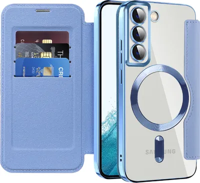 Produktbild von Klapphülle für Samsung Galaxy S22 5G Kompatibel mit Magsafe, Klar Überzug Kartenhalter Ledertasche mit Kameraschutz Hellblau