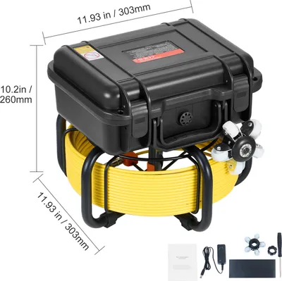 A sewer inspection camera system with a black case, yellow cable, and accessories on a white background.