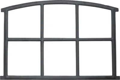 A gray metal window frame with a curved top and six panes, set against a white background.