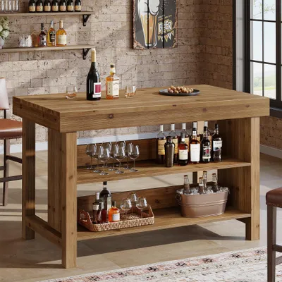 Produktbild von Tribesigns Bartisch Massivholz, 140 cm, 3-stufige Hausbar Landhausstil mit offenen Ablagefächern, Stehtisch in Tresenhöhe für Küche, Keller, Braun