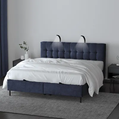 Produktbild von Boxspringbett Muna Doppelbett mit Pocketmatratze 17 cm Topper Bett mit Bettkasten Polsterbett aus velours, Große: 186 x 200 cm, Stoff: aston 26 - dunkelblau