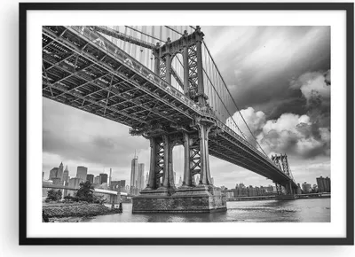 Produktbild von Gerahmtes Poster - Schwarzer Rahmen - Manhattan Brücke Schwarzweiß - 70x50 cm - Wand Bild - Wanddeko - Wandbilder - Wandposter - Bilderrahmen - Bilder - Kunstdruck - Wandbild - P2BAA70x50-4156