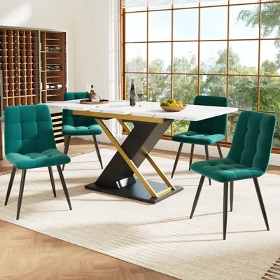 Image de OKWISH Table À Manger Rectangulaire - Extensible Avec Plateau Rétractable, Pieds Métal Croisés, MDF, 118-157 x 75 x 76,4 cm - Noir+Blanc