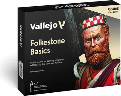Immagine prodotto di Vallejo Model Color Set di colori acrilici Folkstone Basics. Kit di 16 colori con finitura opaca in flaconi da 18 ml con contagocce e una cartella colori per modellismo, modellini e diorami.