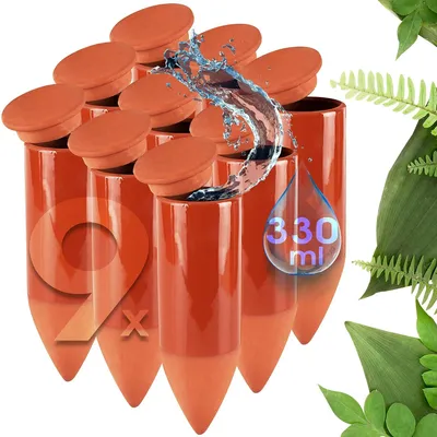 Immagine prodotto di Sistema di irrigazione in terracotta, composto da 9 elementi, con una capacità di 330 ml per ogni cono, ideale per piante da interno