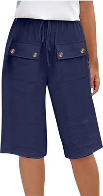 Produktbild von ASKSA Damen Leinen Shorts Sommer Knielang Kurze Hosen mit Taschen Stoffhose Laessig Elastische Taille Strandshorts (Dunkelblau,XXL)