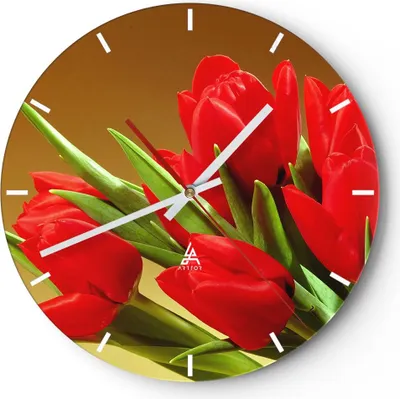 Produktbild von Wanduhr - Rund - Glasuhr - Tulpen Blumen Feld Plantage - 30x30cm - Schleichendes Uhrwerk - Lautlos - zum Aufhängen bereit - Dekoration Modern - Wanddekoration aus Glas - C3AR30x30-0962