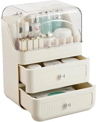 Obrázok produktu pre Uniqoos® Organizér na make-up s vekom a 2 zásuvkami – elegantný úložný stojan do kúpeľne a spálne, s veľkou kapacitou, vyrobený z odolného PP plastu