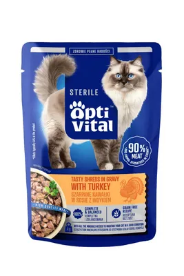 Productafbeelding van OptiVital kattenvoer voor gesteriliseerde katten met kalkoen in saus, 85g