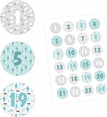 Produktbild von 24 Adventskalender Zahlen Aufkleber HELLBLAU/GRAU - rund 4 cm Ø - Sticker Weihnachten zum basteln dekorieren DIY