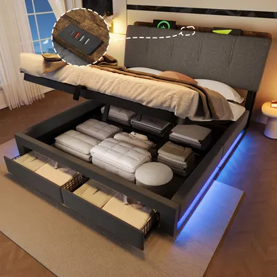 Produktbild von okwish Polsterbett 140x200 Doppelbett mit LED-Beleuchtung(Drucktaste und Appdienung) Jugendbett Funktionsbett mit USB Typ-C Ladefunktion Stauraumbett mit Schubladen Grau(ohne Matratze)