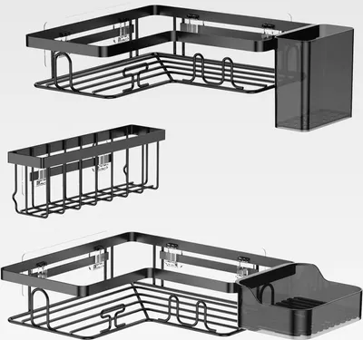Produktbild von Duschablage Ohne Bohren Ecke – 5-teiliges Badezimmer Regal Set mit 2 Eckregalen, Seifenablage, Zahnbürstenhalter & Korb, Selbstklebendes Wandregal, Schwarz