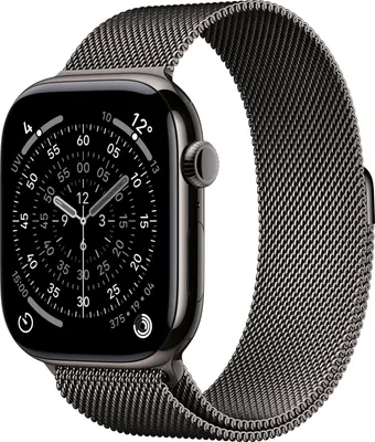 Produktbild von Apple Watch Series 11, GPS + Cellular, 42mm, Schiefer Titaniumgehäuse mit schiefer Milanaise Loop Armband