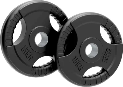 Productafbeelding van 2 x 15 kg gewichtsschijven, olympische standaard, driegreeps, met rubberen coating – zwart