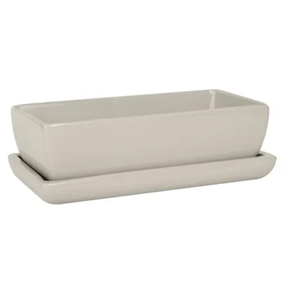 Obrázok produktu pre Keramický kvetináč 29 cm Obdĺžnik Truhlica s podšálkou sivý kaktus