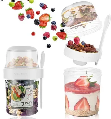 Produktbild von Famanu Müslibecher für unterwegs mit Joghurtbecher, Salatbecher und Löffel - 560 ml + 310 ml, BPA-frei
